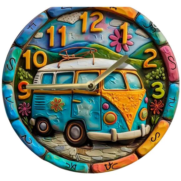 Retro Boho 60's Bus Van Clock 8"x 8" - Picture 2 of 10